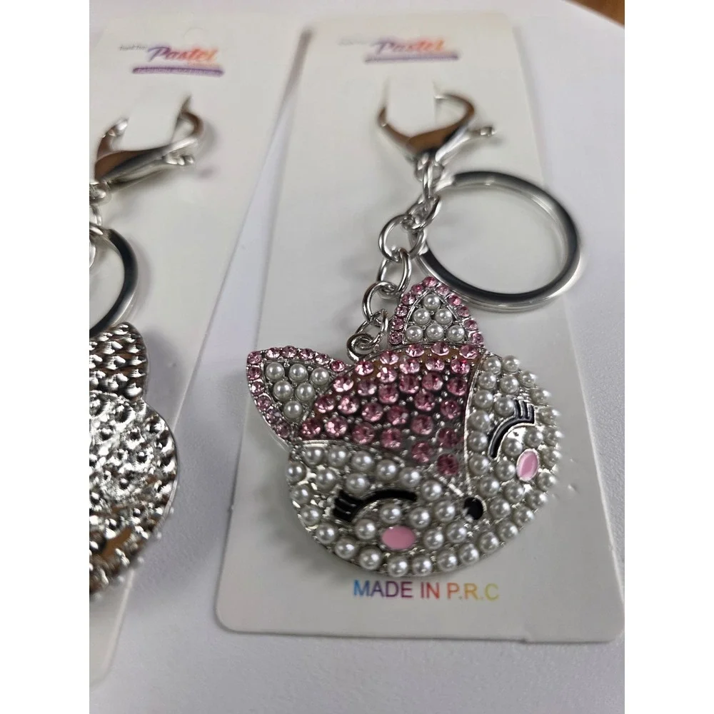Pastel Collection Fox Bag Charm Key Chain Silver NEW Pearl Blue Pink Rhinestone